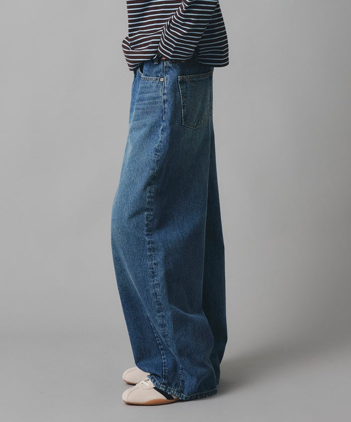 ブルー ワイド パンツ バレルシルエット ワイド デニム ウエストゴム レディース S M L デニムバレルパンツ AT THE TRNK