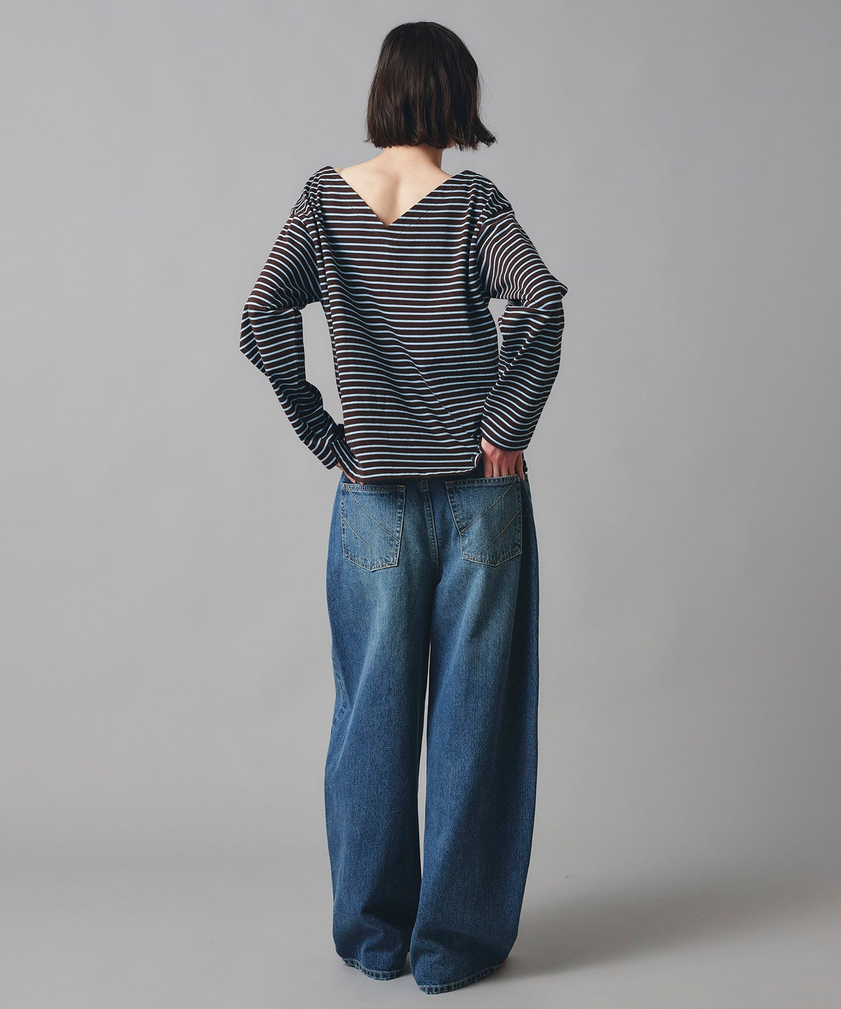 ブルー ワイド パンツ バレルシルエット ワイド デニム ウエストゴム レディース S M L デニムバレルパンツ AT THE TRNK