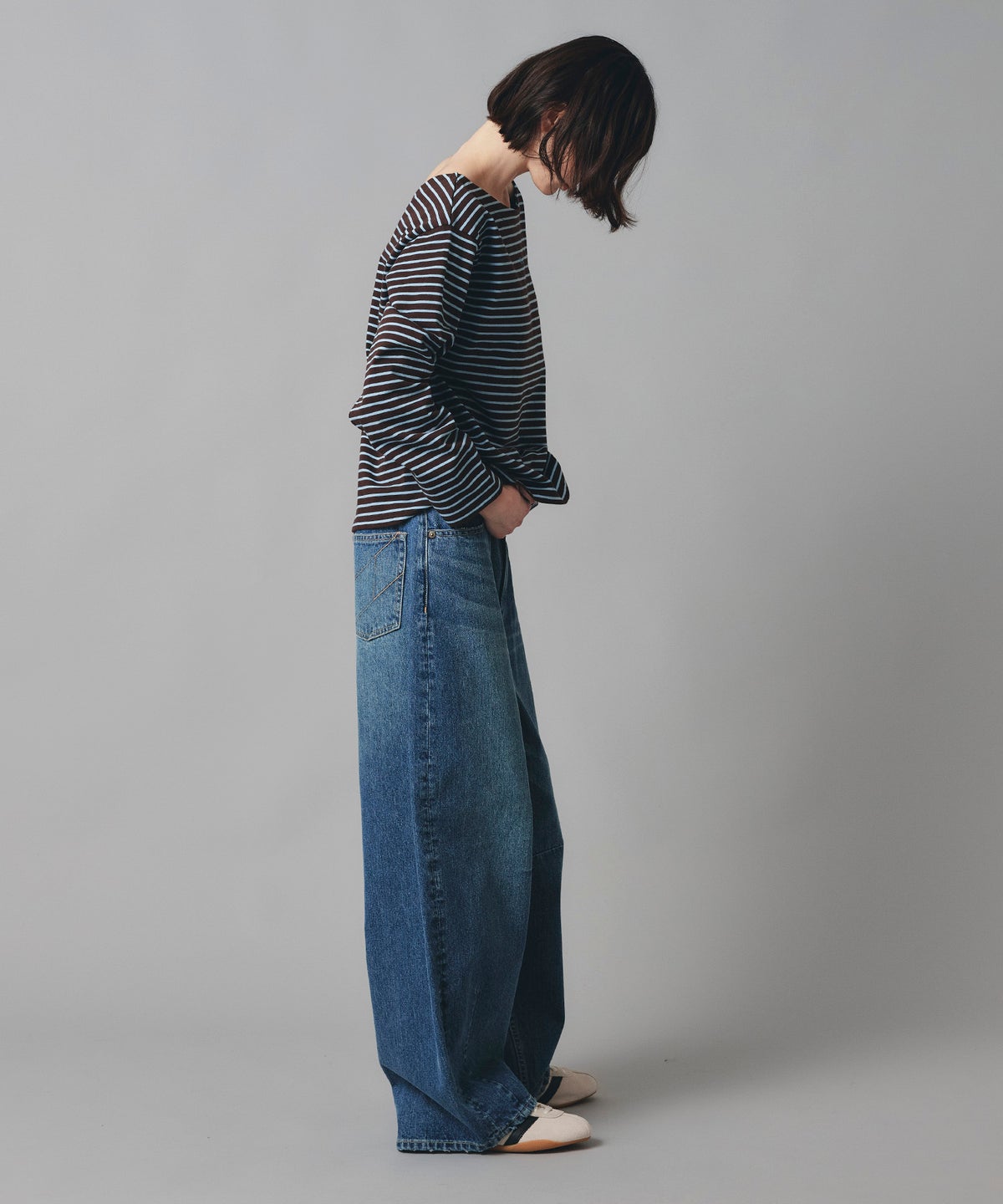 ブルー ワイド パンツ バレルシルエット ワイド デニム ウエストゴム レディース S M L デニムバレルパンツ AT THE TRNK