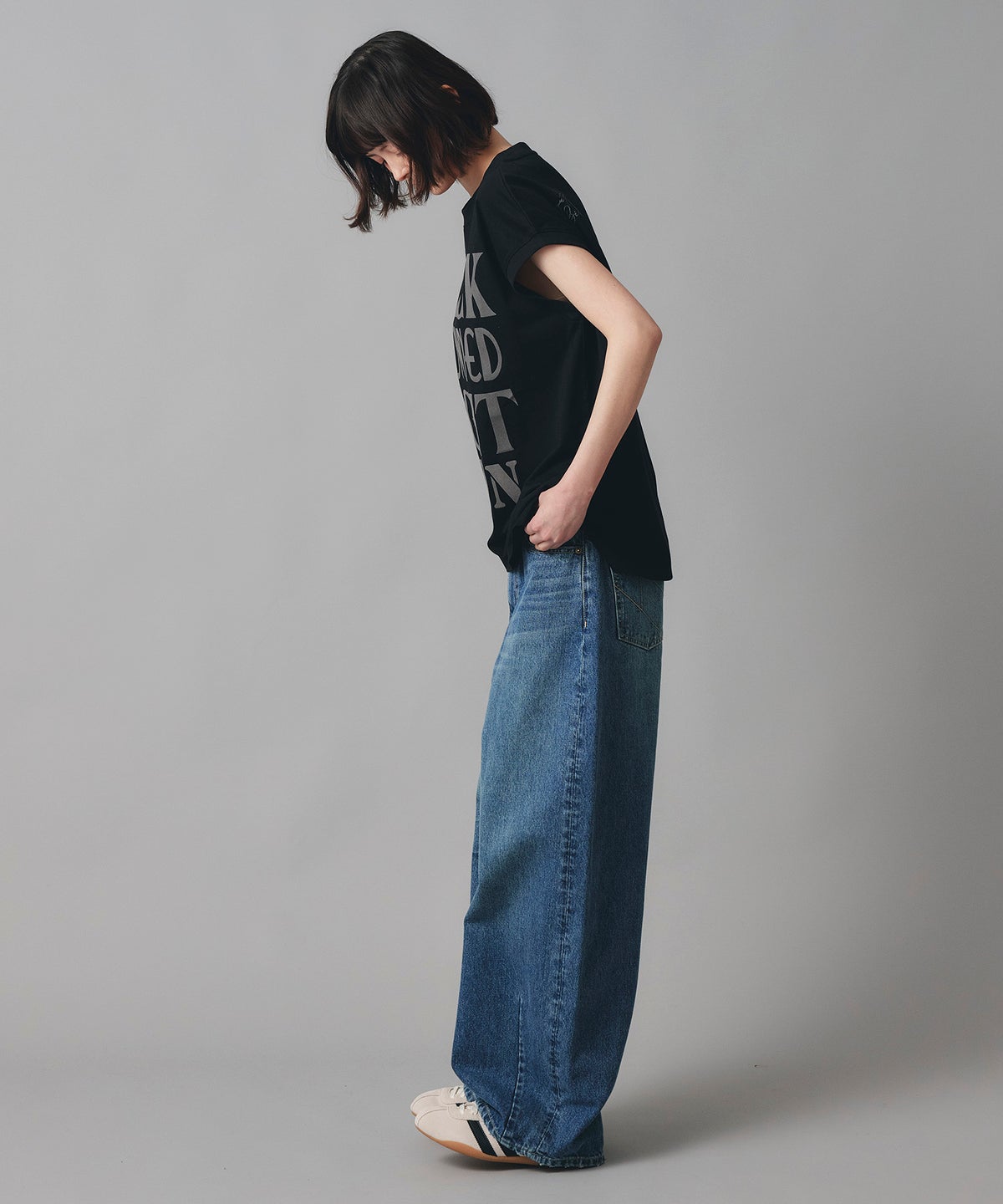 ブルー ワイド パンツ バレルシルエット ワイド デニム ウエストゴム レディース S M L デニムバレルパンツ AT THE TRNK
