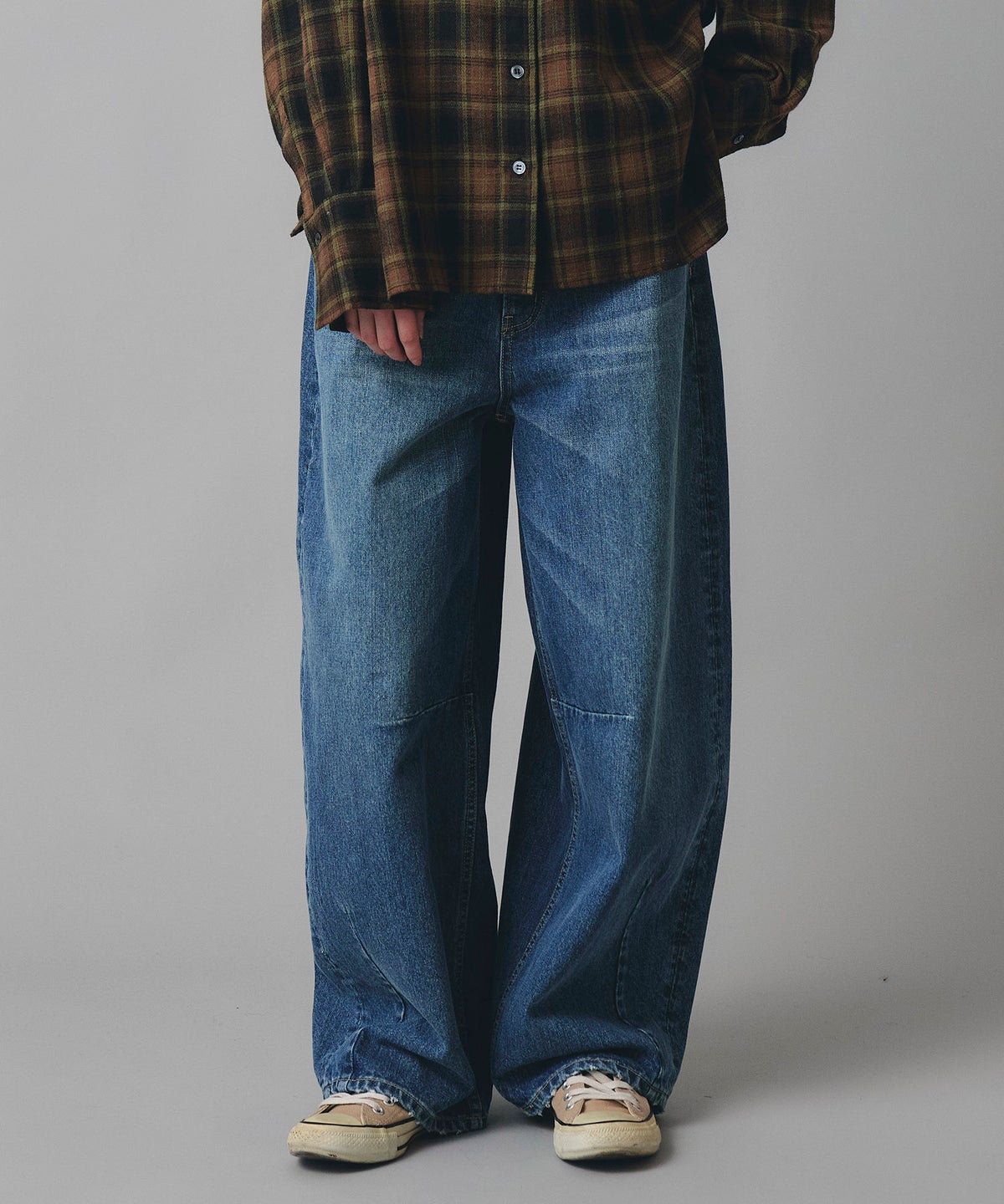 ブルー ワイド パンツ バレルシルエット ワイド デニム ウエストゴム レディース S M L デニムバレルパンツ AT THE TRNK