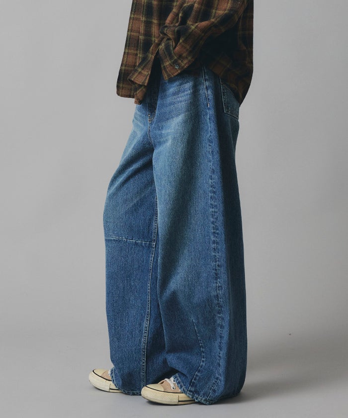ブルー ワイド パンツ バレルシルエット ワイド デニム ウエストゴム レディース S M L デニムバレルパンツ AT THE TRNK