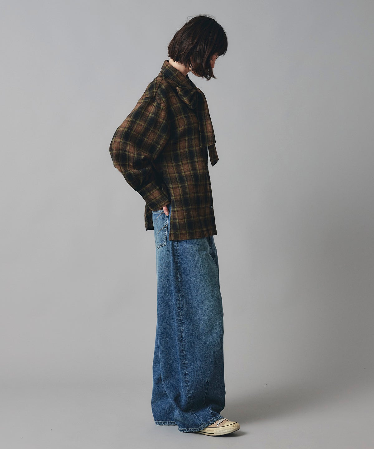 ブルー ワイド パンツ バレルシルエット ワイド デニム ウエストゴム レディース S M L デニムバレルパンツ AT THE TRNK