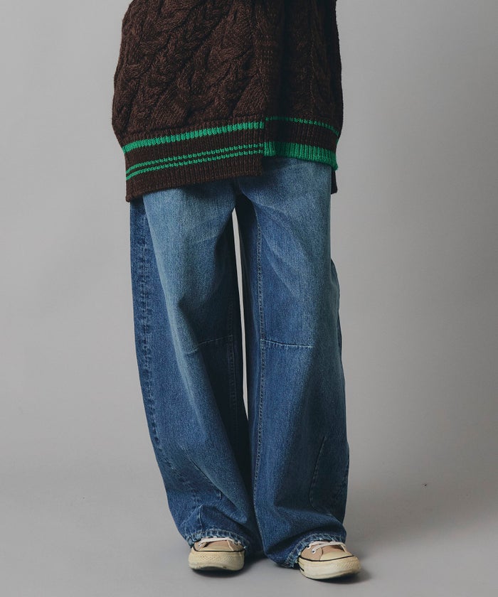 ブルー ワイド パンツ バレルシルエット ワイド デニム ウエストゴム レディース S M L デニムバレルパンツ AT THE TRNK