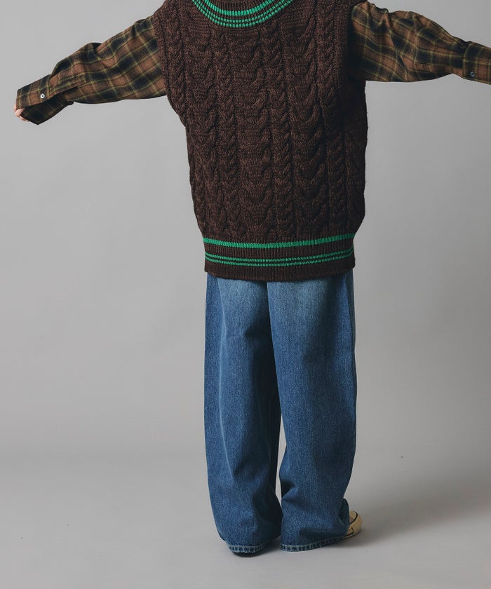 ブルー ワイド パンツ バレルシルエット ワイド デニム ウエストゴム レディース S M L デニムバレルパンツ AT THE TRNK