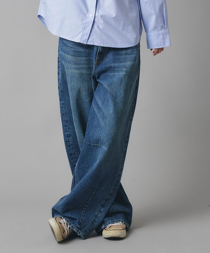 ブルー ワイド パンツ バレルシルエット ワイド デニム ウエストゴム レディース S M L デニムバレルパンツ AT THE TRNK