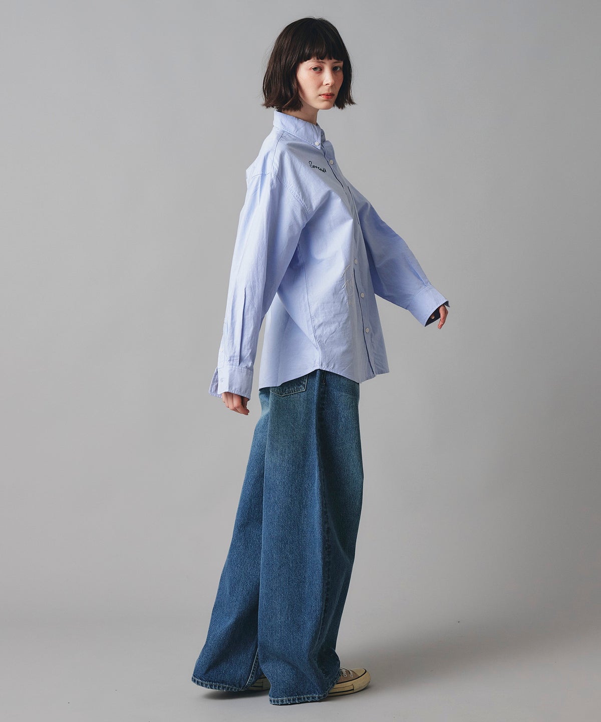 ブルー ワイド パンツ バレルシルエット ワイド デニム ウエストゴム レディース S M L デニムバレルパンツ AT THE TRNK