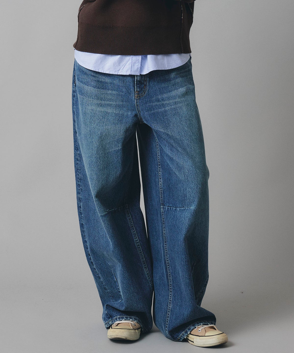 ブルー ワイド パンツ バレルシルエット ワイド デニム ウエストゴム レディース S M L デニムバレルパンツ AT THE TRNK