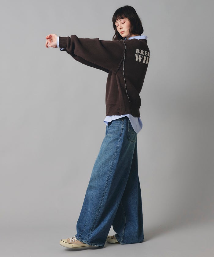 ブルー ワイド パンツ バレルシルエット ワイド デニム ウエストゴム レディース S M L デニムバレルパンツ AT THE TRNK