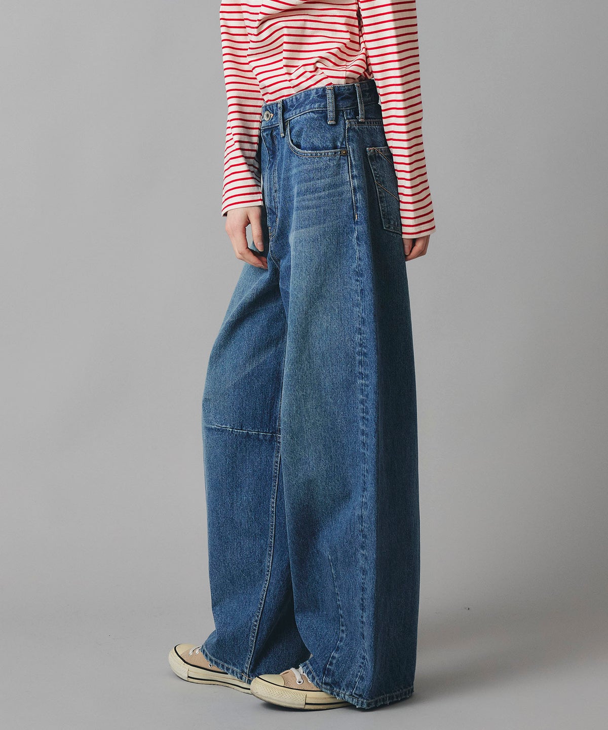 ブルー ワイド パンツ バレルシルエット ワイド デニム ウエストゴム レディース S M L デニムバレルパンツ AT THE TRNK