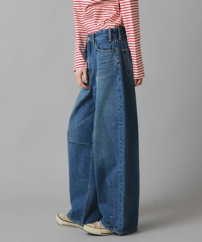 ブルー ワイド パンツ バレルシルエット ワイド デニム ウエストゴム レディース S M L デニムバレルパンツ AT THE TRNK