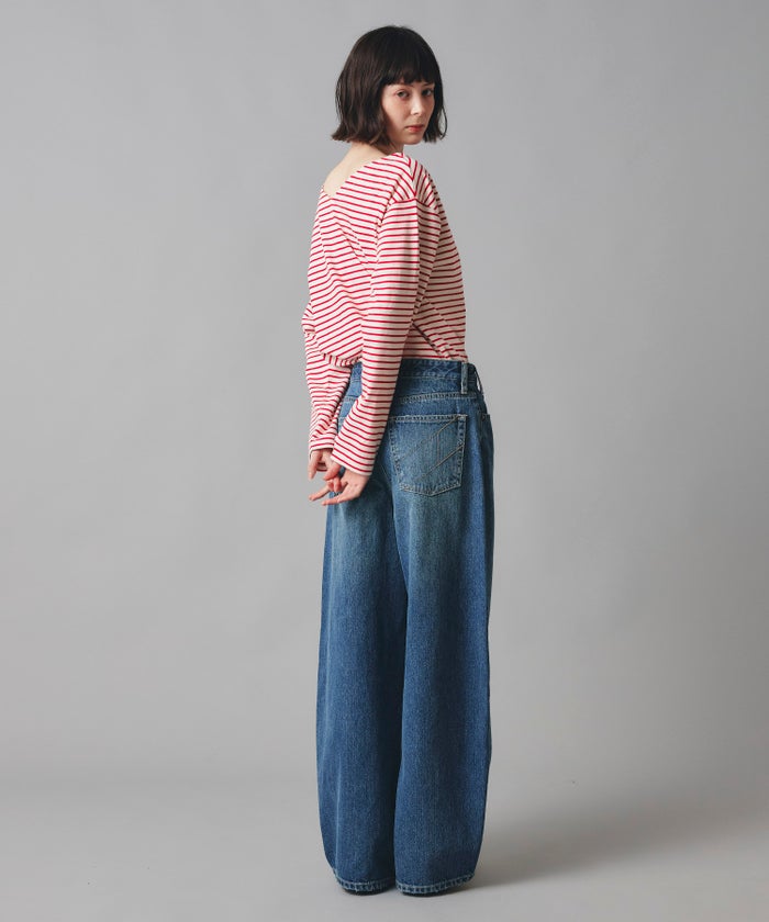 ブルー ワイド パンツ バレルシルエット ワイド デニム ウエストゴム レディース S M L デニムバレルパンツ AT THE TRNK
