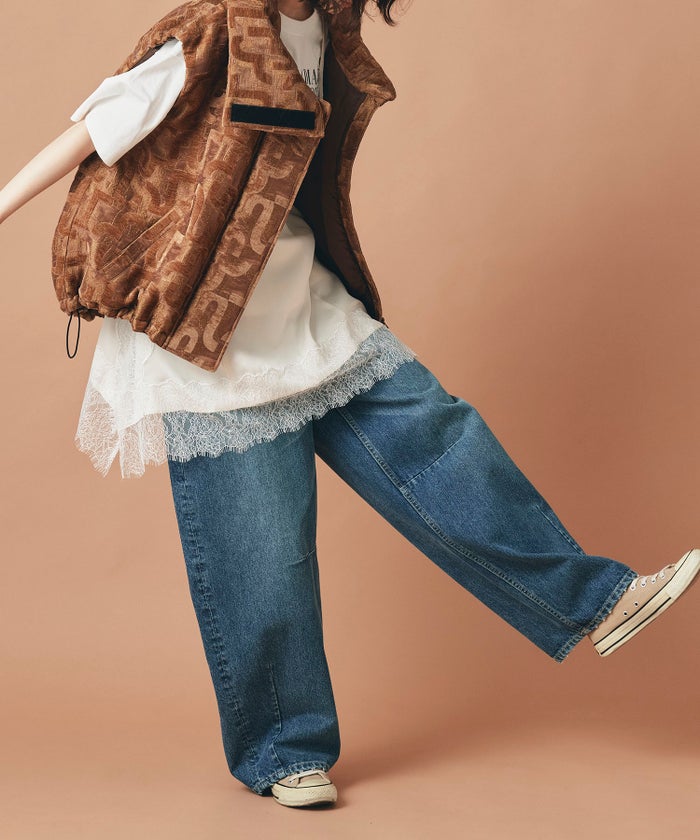 ブルー ワイド パンツ バレルシルエット ワイド デニム ウエストゴム レディース S M L デニムバレルパンツ AT THE TRNK