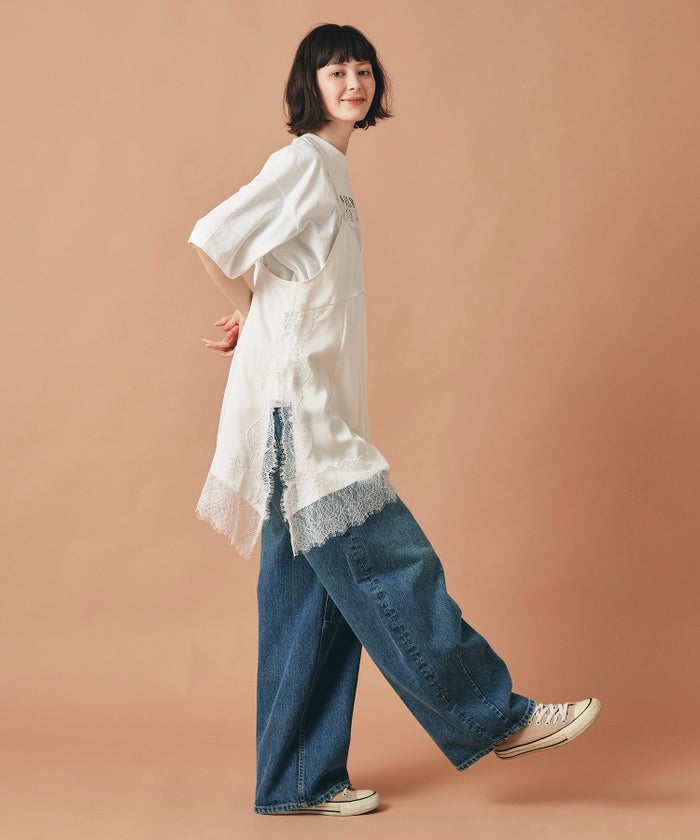 ブルー ワイド パンツ バレルシルエット ワイド デニム ウエストゴム レディース S M L デニムバレルパンツ AT THE TRNK