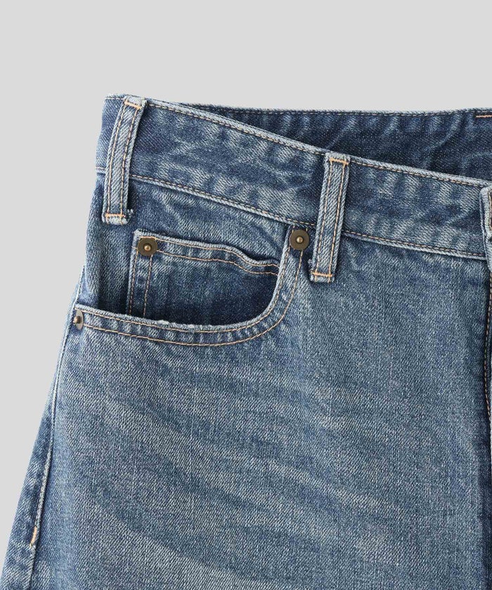 ブルー ワイド パンツ バレルシルエット ワイド デニム ウエストゴム レディース S M L デニムバレルパンツ AT THE TRNK