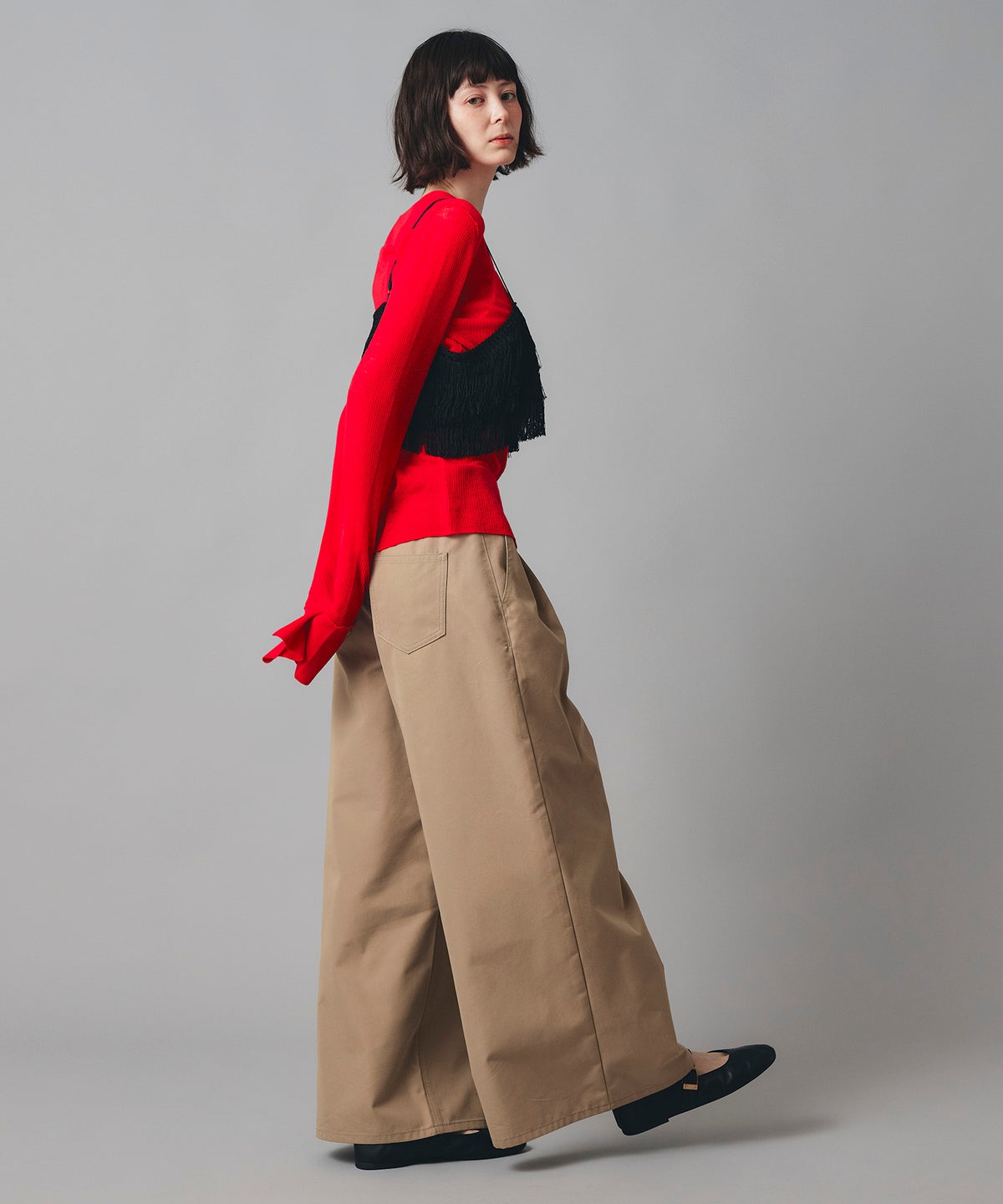 ベージュ ブラック ワイド パンツ チノ ウォッシャブル S M チノワイドパンツ AT THE TRNK