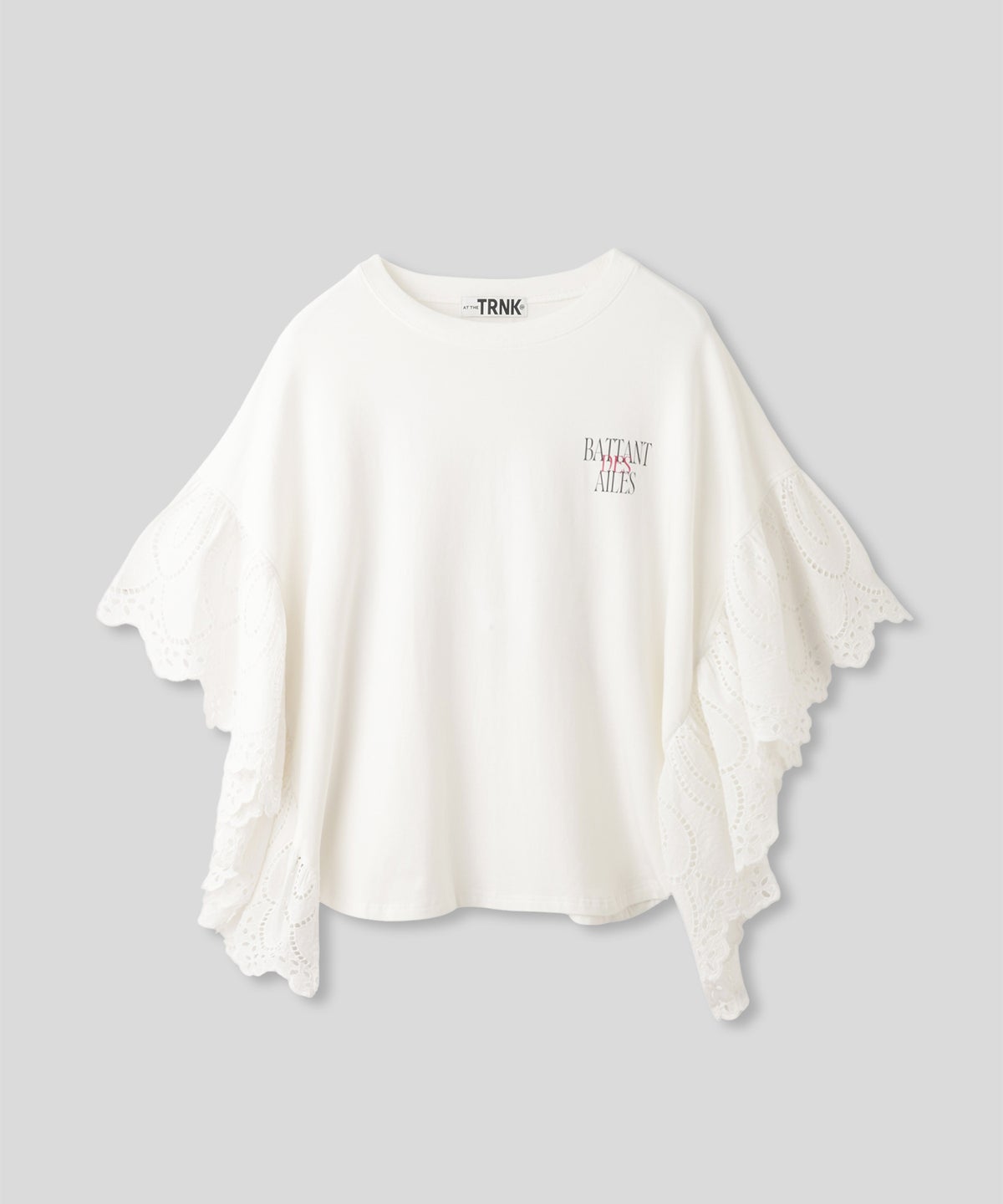 ホワイト ブラック レーススリーブ Tシャツ 半袖 バックロゴプリント ウォッシャブル フリーサイズ レース切替プリントＴシャツ AT THE TRNK