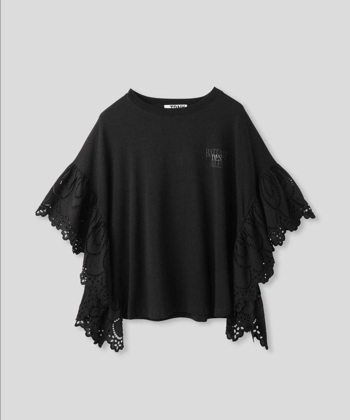 ホワイト ブラック レーススリーブ Tシャツ 半袖 バックロゴプリント ウォッシャブル フリーサイズ レース切替プリントＴシャツ AT THE TRNK