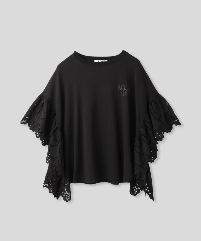 ホワイト ブラック レーススリーブ Tシャツ 半袖 バックロゴプリント ウォッシャブル フリーサイズ レース切替プリントＴシャツ AT THE TRNK