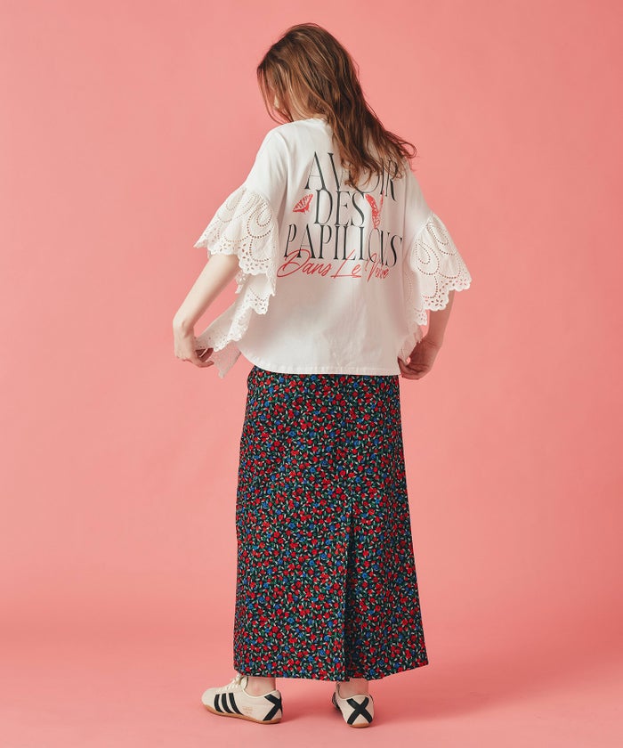 ホワイト ブラック レーススリーブ Tシャツ 半袖 バックロゴプリント ウォッシャブル フリーサイズ レース切替プリントＴシャツ AT THE TRNK