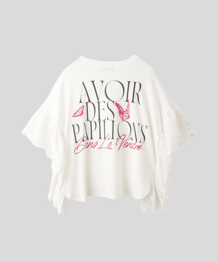 ホワイト ブラック レーススリーブ Tシャツ 半袖 バックロゴプリント ウォッシャブル フリーサイズ レース切替プリントＴシャツ AT THE TRNK