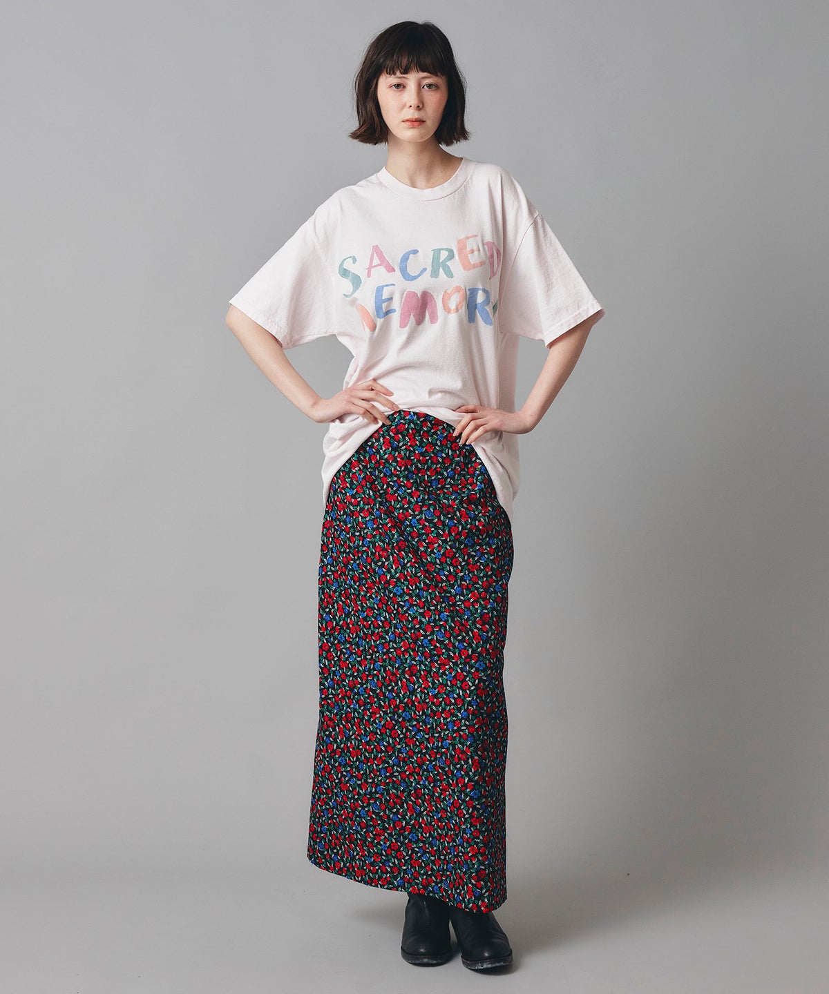 レッド イエロー スカート ロング 花柄 クラシカル S M ヴィンテージ花柄ジョーゼットスカート AT THE TRNK