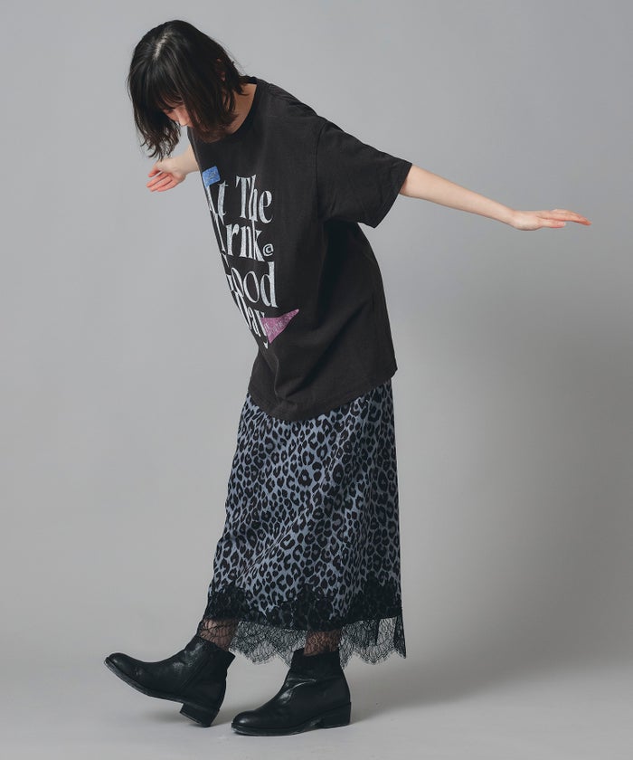 グレー ブラウン スカート ロング レース レオパード 柄 フリーサイズ オリジナルレオパード柄裾レーススカート AT THE TRNK