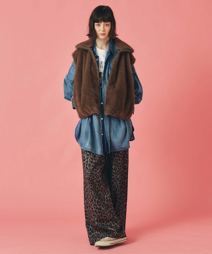 グレー ブラウン パンツ レオパード ワイド フリーサイズ オリジナルレオパード柄パンツ AT THE TRNK