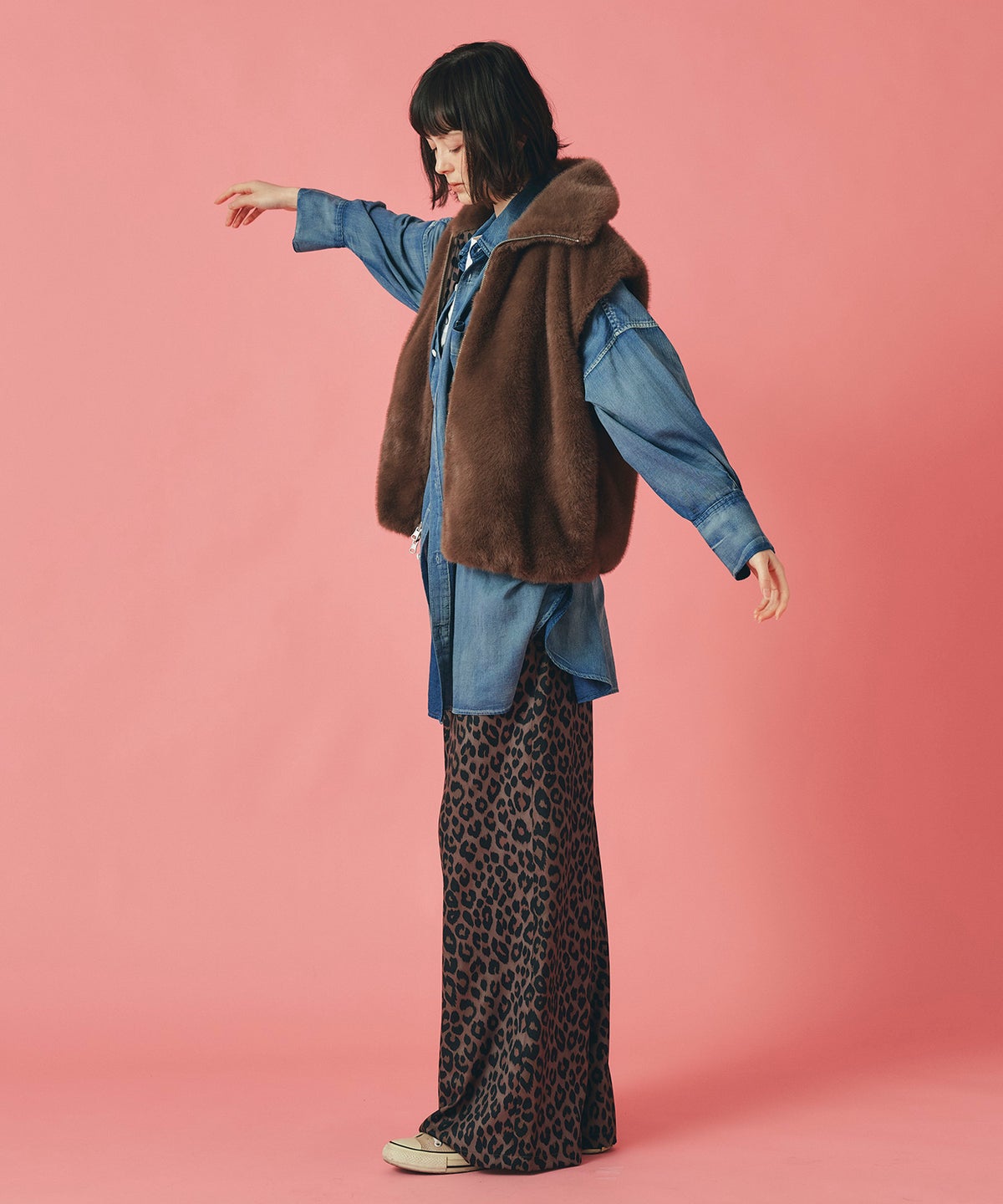 グレー ブラウン パンツ レオパード ワイド フリーサイズ オリジナルレオパード柄パンツ AT THE TRNK