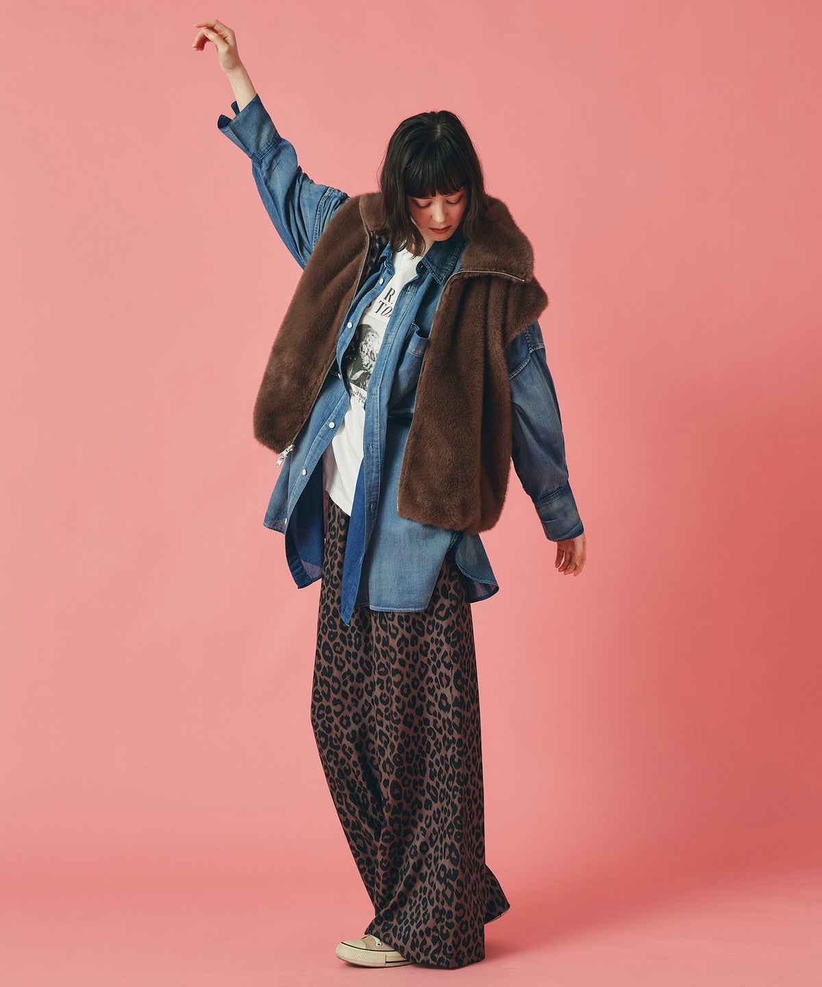 グレー ブラウン パンツ レオパード ワイド フリーサイズ オリジナルレオパード柄パンツ AT THE TRNK