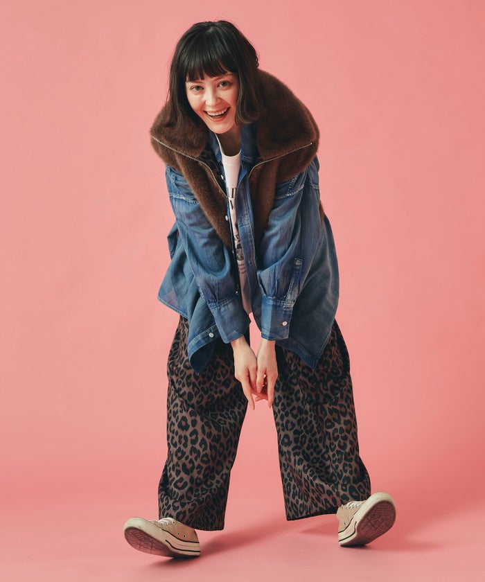 グレー ブラウン パンツ レオパード ワイド フリーサイズ オリジナルレオパード柄パンツ AT THE TRNK