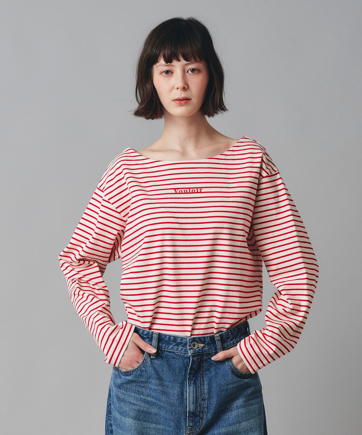 レッド ブラウン 長袖 Tシャツ ボーダー ウォッシャブル フリーサイズ ボーダーロングTシャツ AT THE TRNK