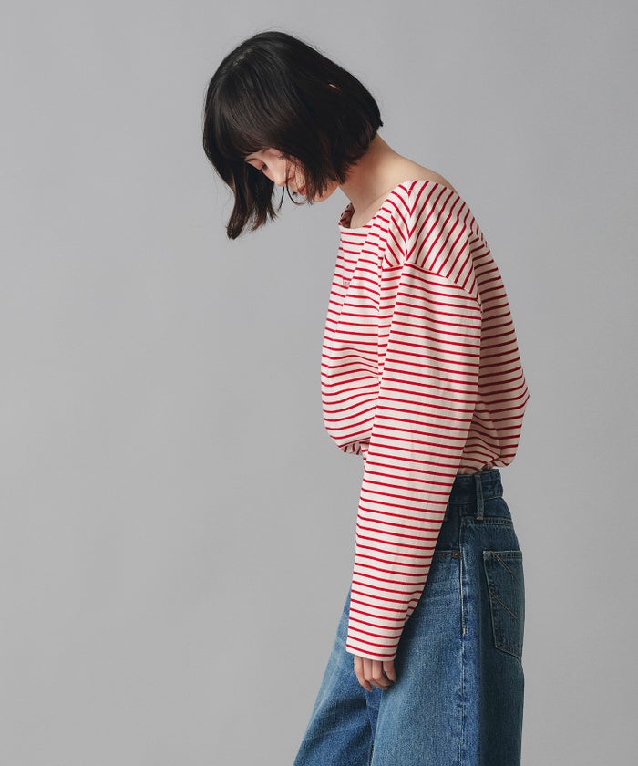 レッド ブラウン 長袖 Tシャツ ボーダー ウォッシャブル フリーサイズ ボーダーロングTシャツ AT THE TRNK