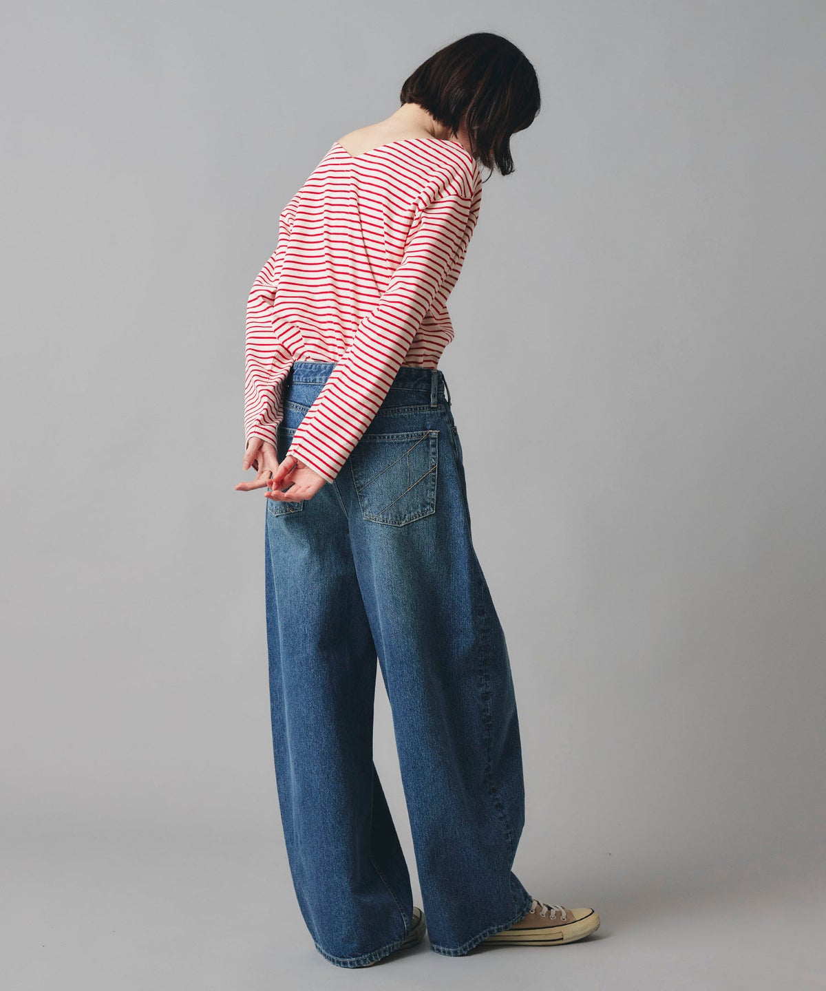 レッド ブラウン 長袖 Tシャツ ボーダー ウォッシャブル フリーサイズ ボーダーロングTシャツ AT THE TRNK