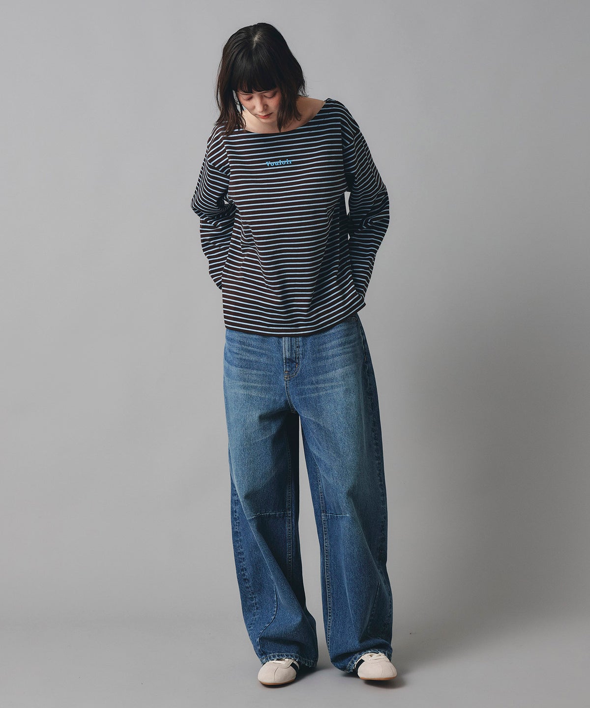 レッド ブラウン 長袖 Tシャツ ボーダー ウォッシャブル フリーサイズ ボーダーロングTシャツ AT THE TRNK