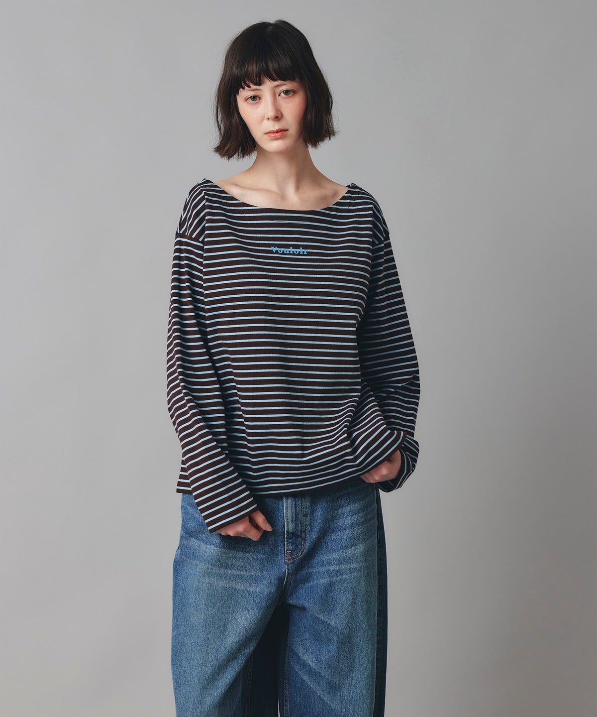 レッド ブラウン 長袖 Tシャツ ボーダー ウォッシャブル フリーサイズ ボーダーロングTシャツ AT THE TRNK