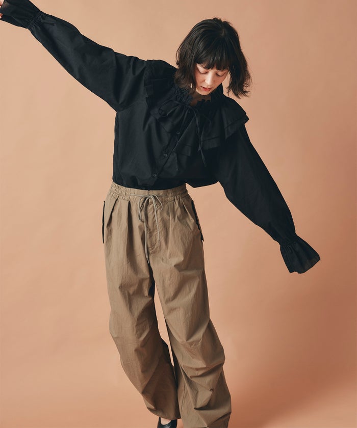 モカ ブラック パラシュート パンツ ワイド フルレングス ウォッシャブル フリーサイズ パラシュートパンツ AT THE TRNK