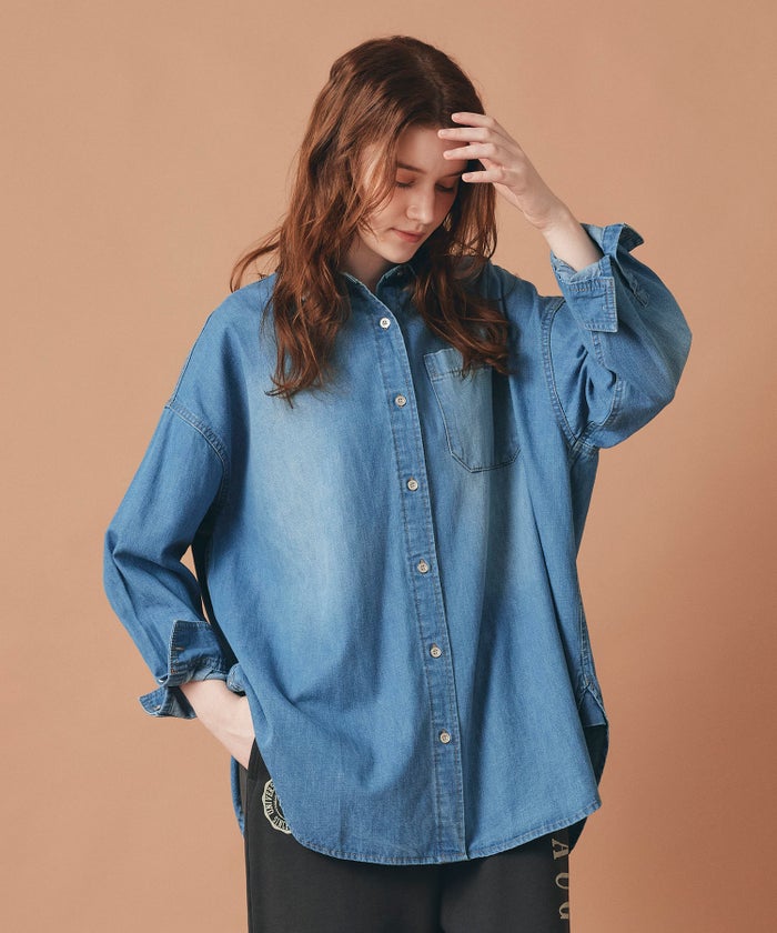 ブルー バック ロゴプリント デニム シャツ 長袖 レディース フリーサイズ バックプリントデニムシャツ AT THE TRNK