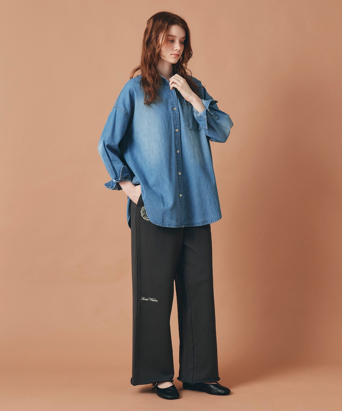 ブルー バック ロゴプリント デニム シャツ 長袖 レディース フリーサイズ バックプリントデニムシャツ AT THE TRNK