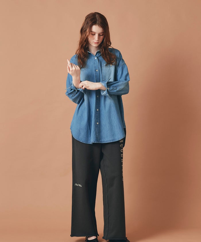 ブルー バック ロゴプリント デニム シャツ 長袖 レディース フリーサイズ バックプリントデニムシャツ AT THE TRNK