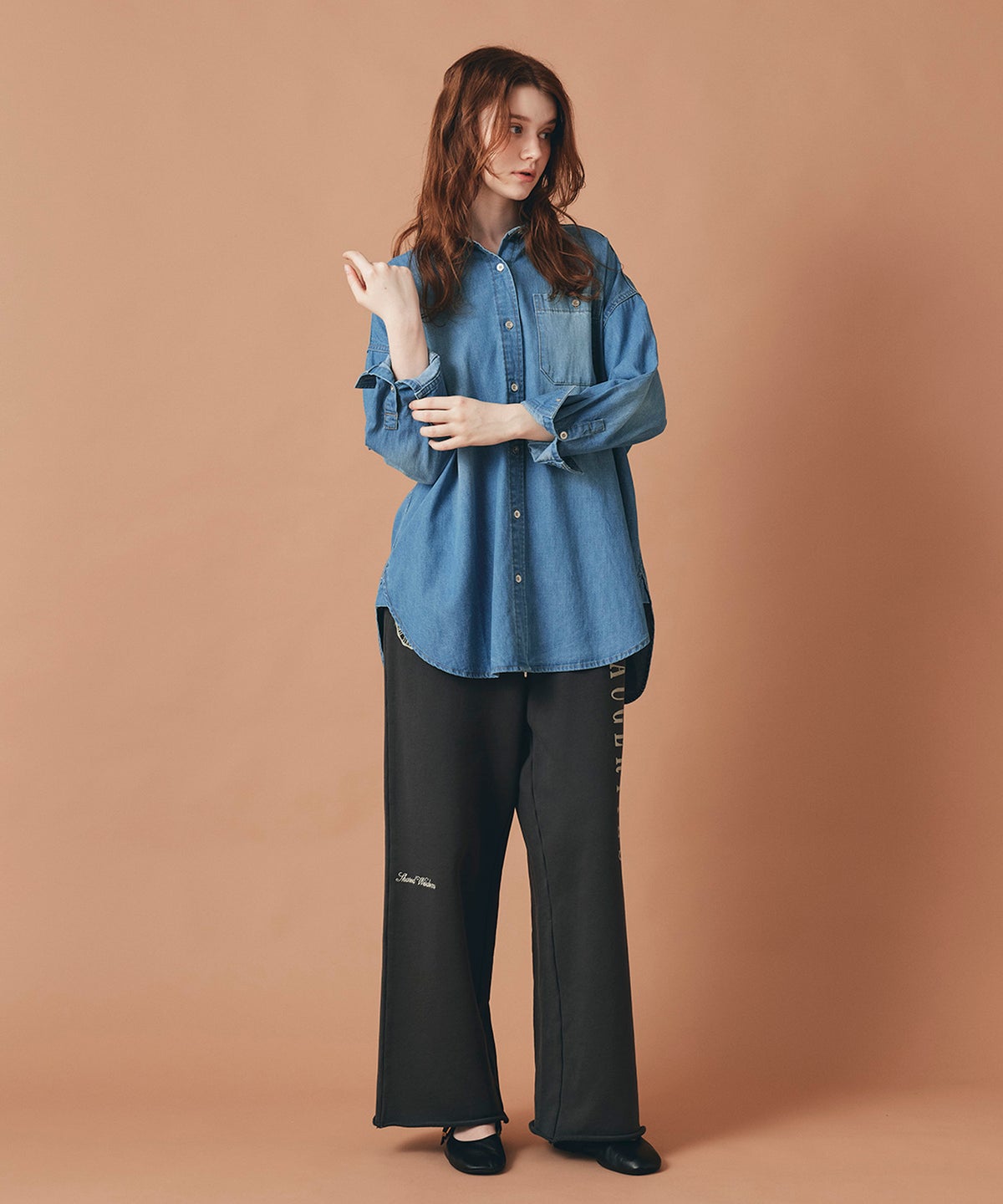 ブルー バック ロゴプリント デニム シャツ 長袖 レディース フリーサイズ バックプリントデニムシャツ AT THE TRNK
