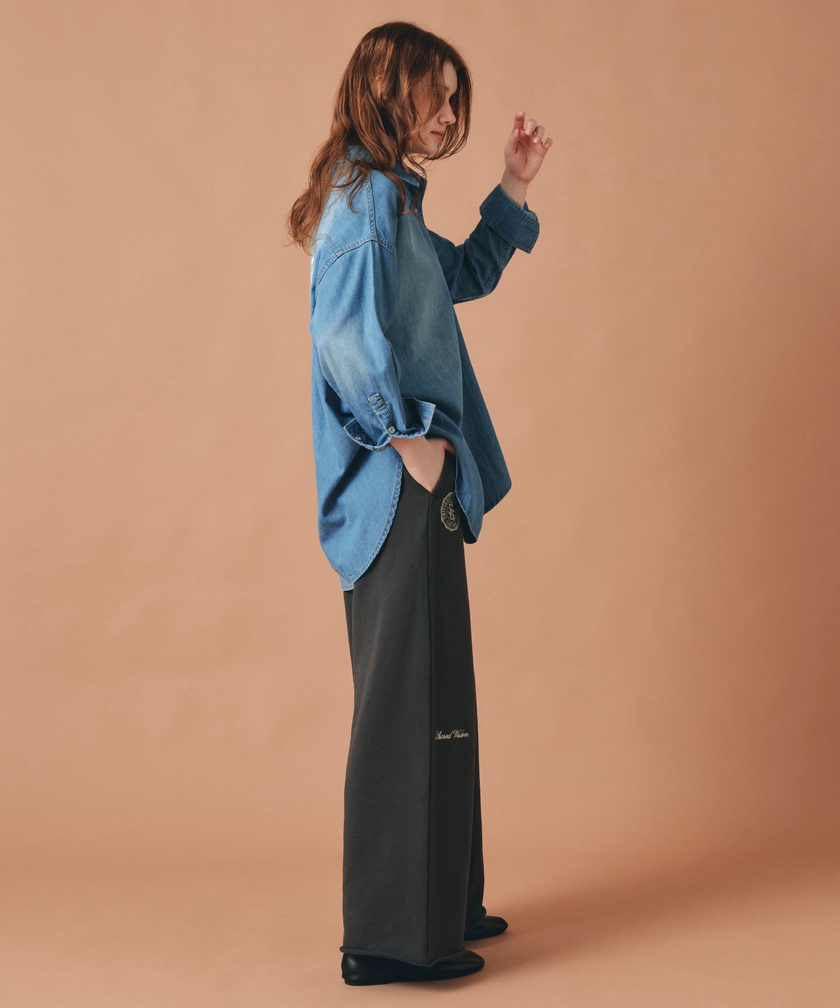 ブルー バック ロゴプリント デニム シャツ 長袖 レディース フリーサイズ バックプリントデニムシャツ AT THE TRNK