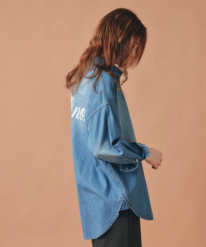 ブルー バック ロゴプリント デニム シャツ 長袖 レディース フリーサイズ バックプリントデニムシャツ AT THE TRNK