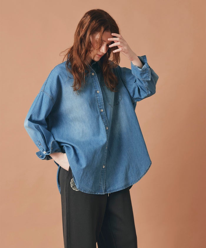ブルー バック ロゴプリント デニム シャツ 長袖 レディース フリーサイズ バックプリントデニムシャツ AT THE TRNK