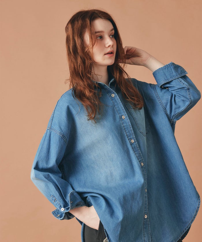 ブルー バック ロゴプリント デニム シャツ 長袖 レディース フリーサイズ バックプリントデニムシャツ AT THE TRNK