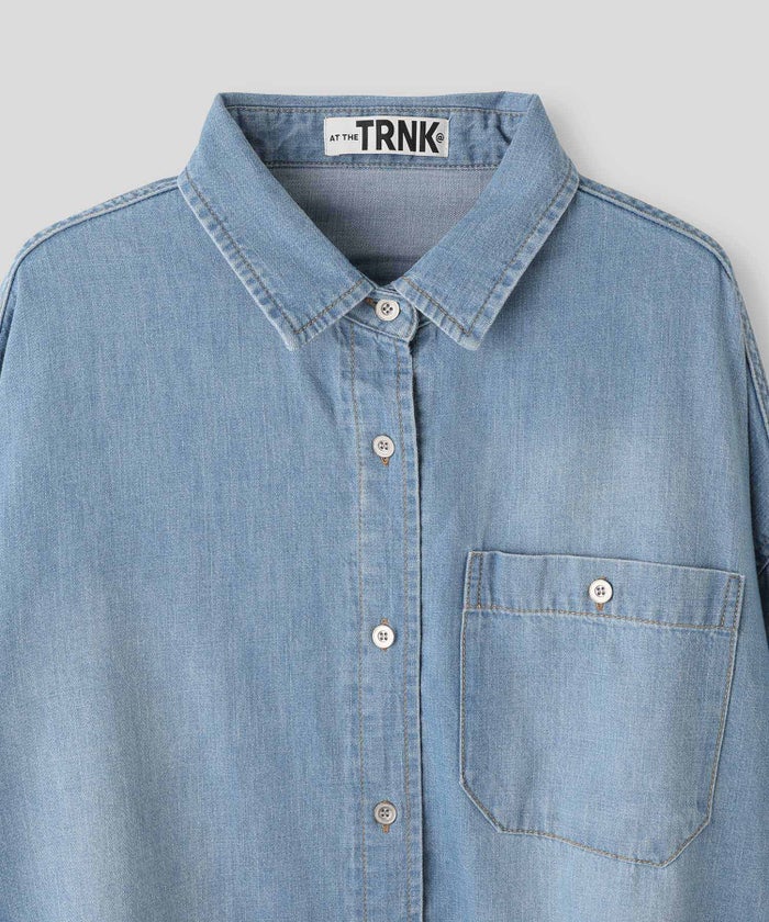 ブルー バック ロゴプリント デニム シャツ 長袖 レディース フリーサイズ バックプリントデニムシャツ AT THE TRNK