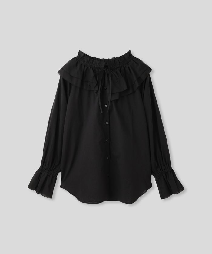 ホワイト ブラック ダブルフリルカラー & リボン ブラウス 長袖 フリーサイズ フリルブラウス AT THE TRNK