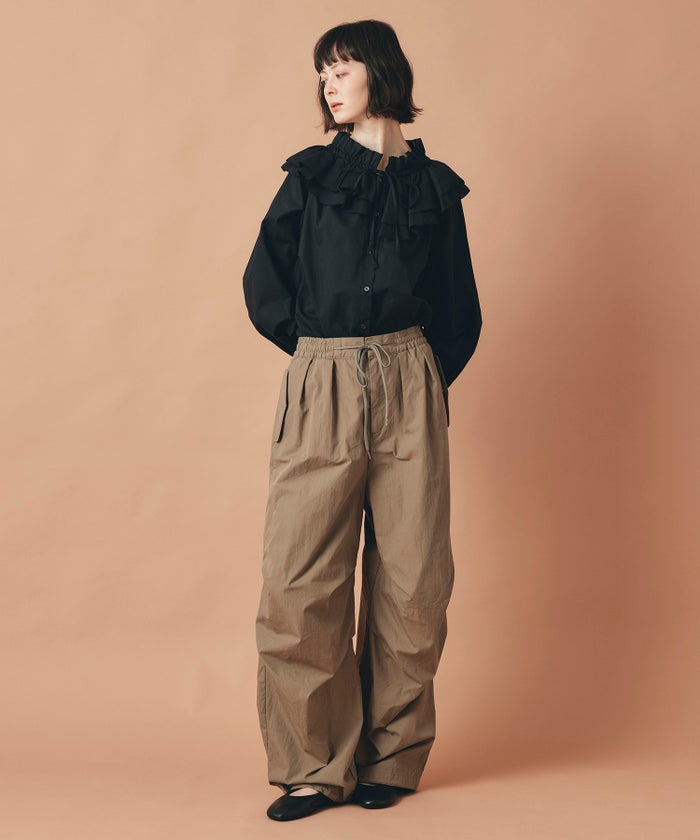 ホワイト ブラック ダブルフリルカラー & リボン ブラウス 長袖 フリーサイズ フリルブラウス AT THE TRNK