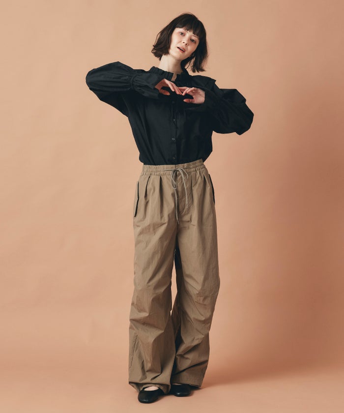 ホワイト ブラック ダブルフリルカラー & リボン ブラウス 長袖 フリーサイズ フリルブラウス AT THE TRNK