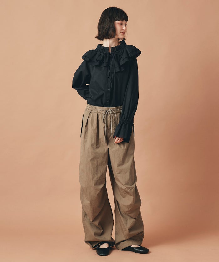 ホワイト ブラック ダブルフリルカラー & リボン ブラウス 長袖 フリーサイズ フリルブラウス AT THE TRNK